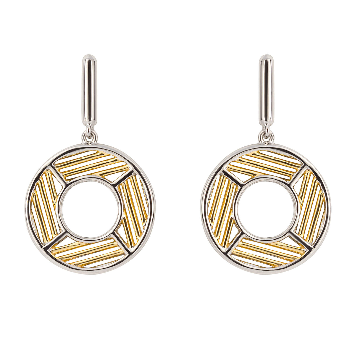 Geo Cage Design Open Circle Drop Earrings with Yellow Gold Plating (E6222)