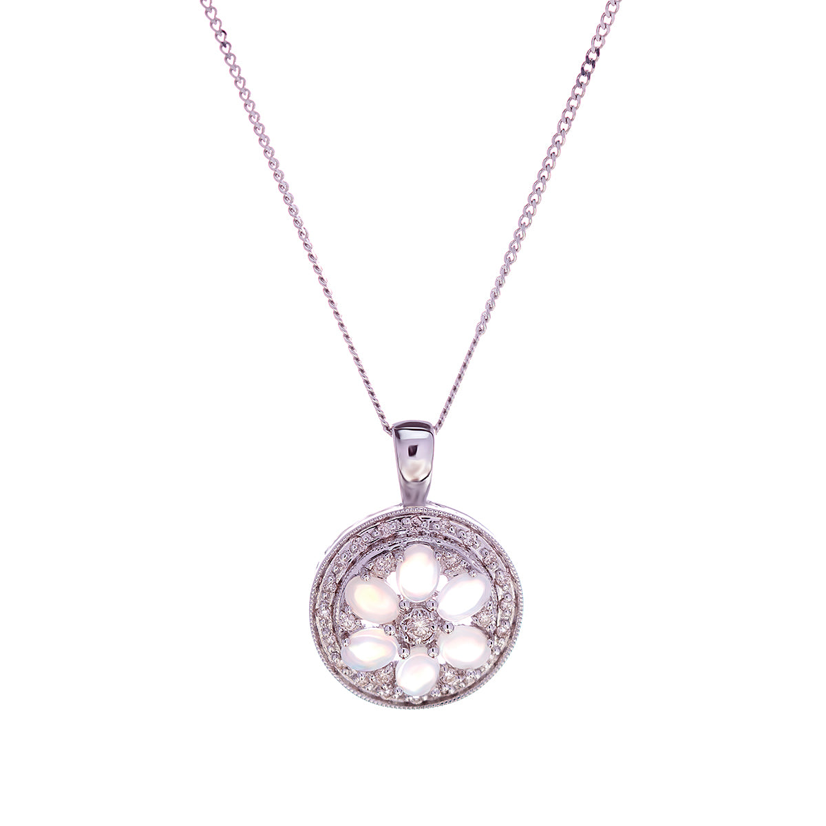 18ct White Gold Opal Diamond Cluster Pendant