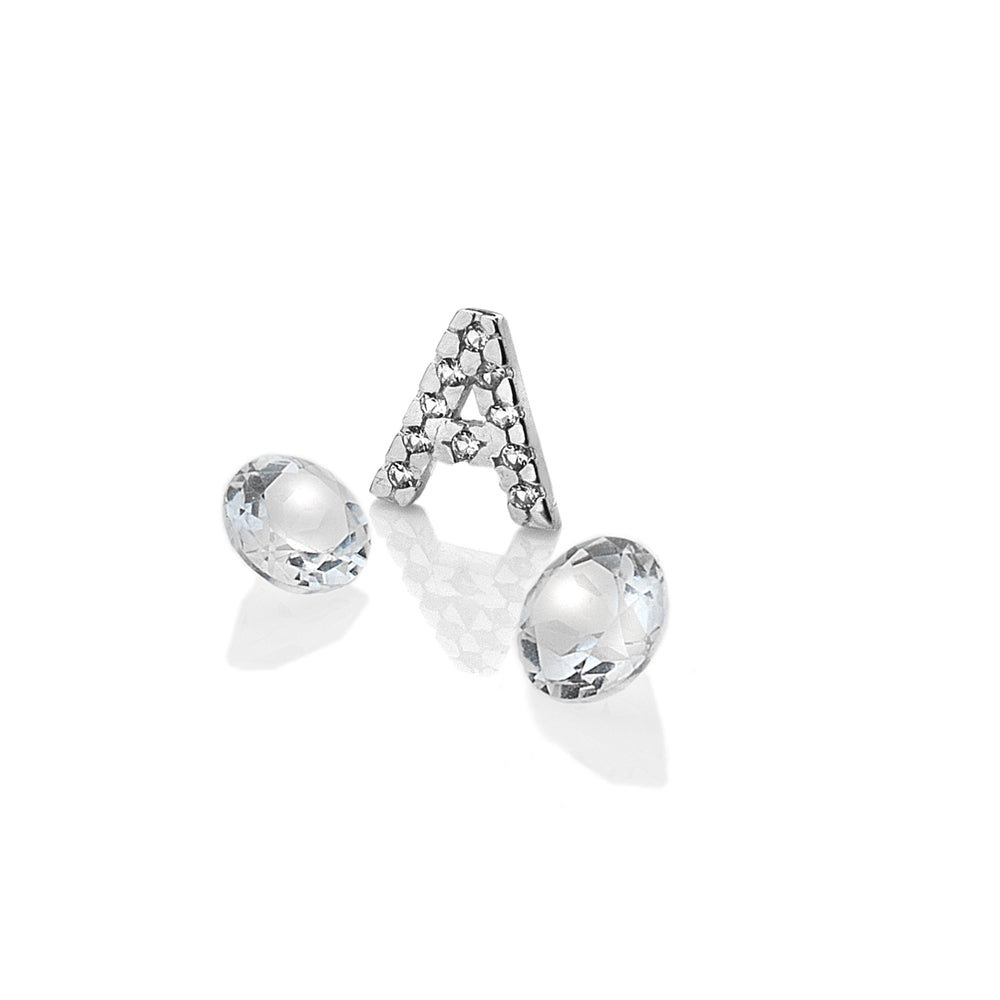 Sterling Silver Letter A with White Topaz Cabochons