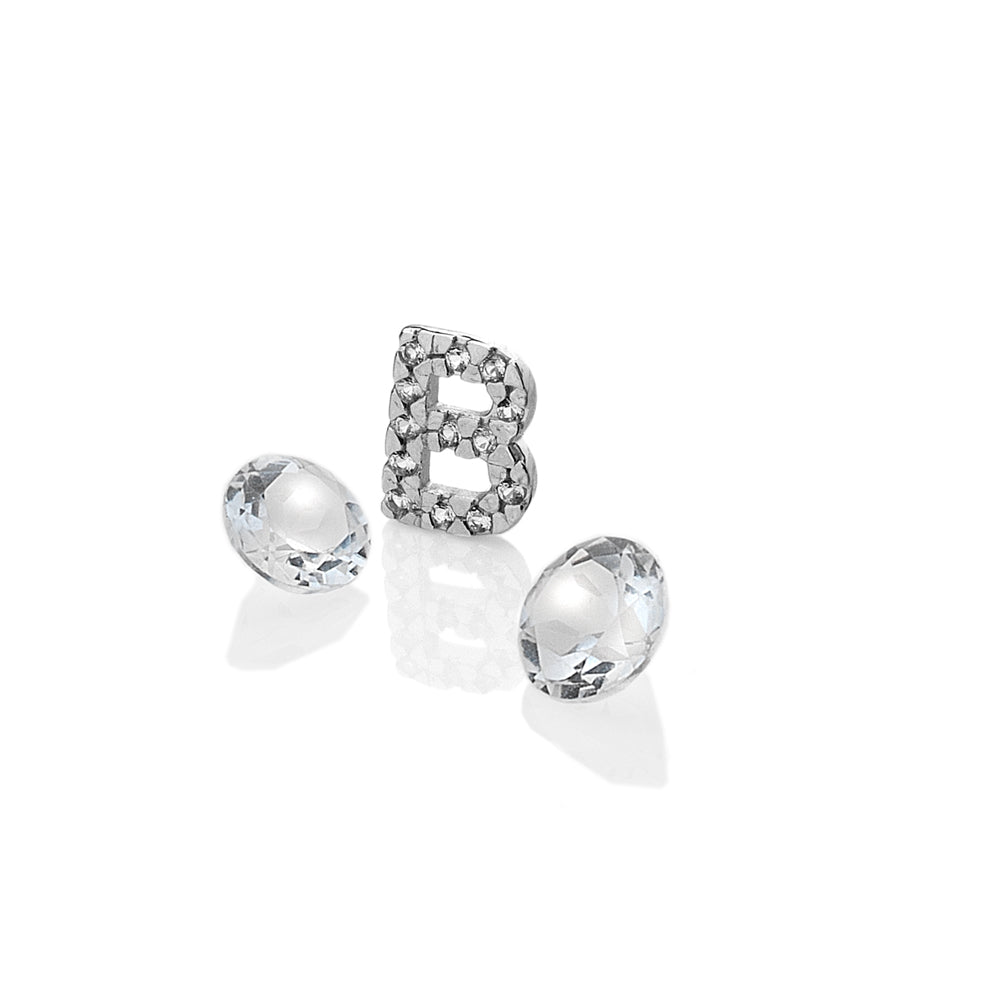 Sterling Silver Letter B with White Topaz Cabochons