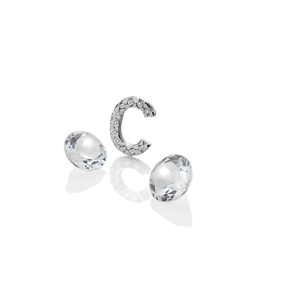 Sterling Silver Letter C with White Topaz Cabochons