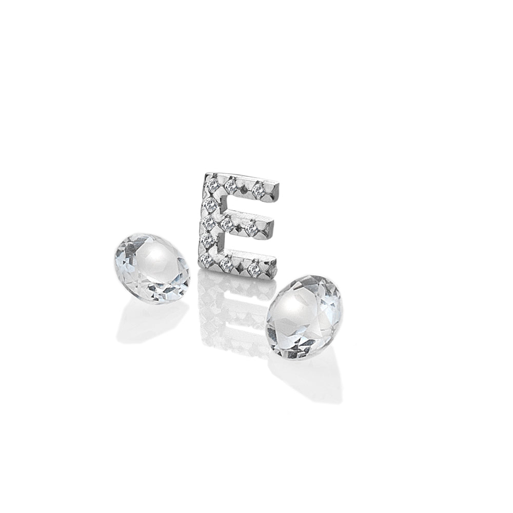 Sterling Silver Letter E with White Topaz Cabochons