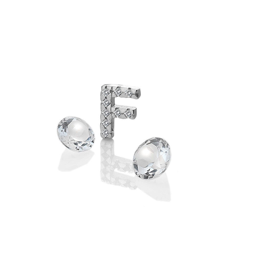 Sterling Silver Letter 'F' with White Topaz Cabochons