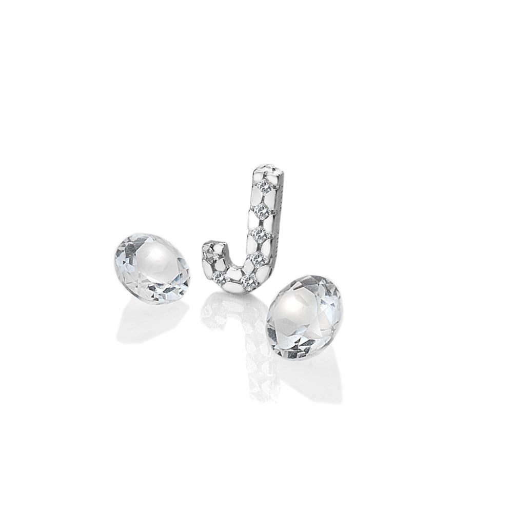 Sterling Silver Letter 'J' with White Topaz Cabochons