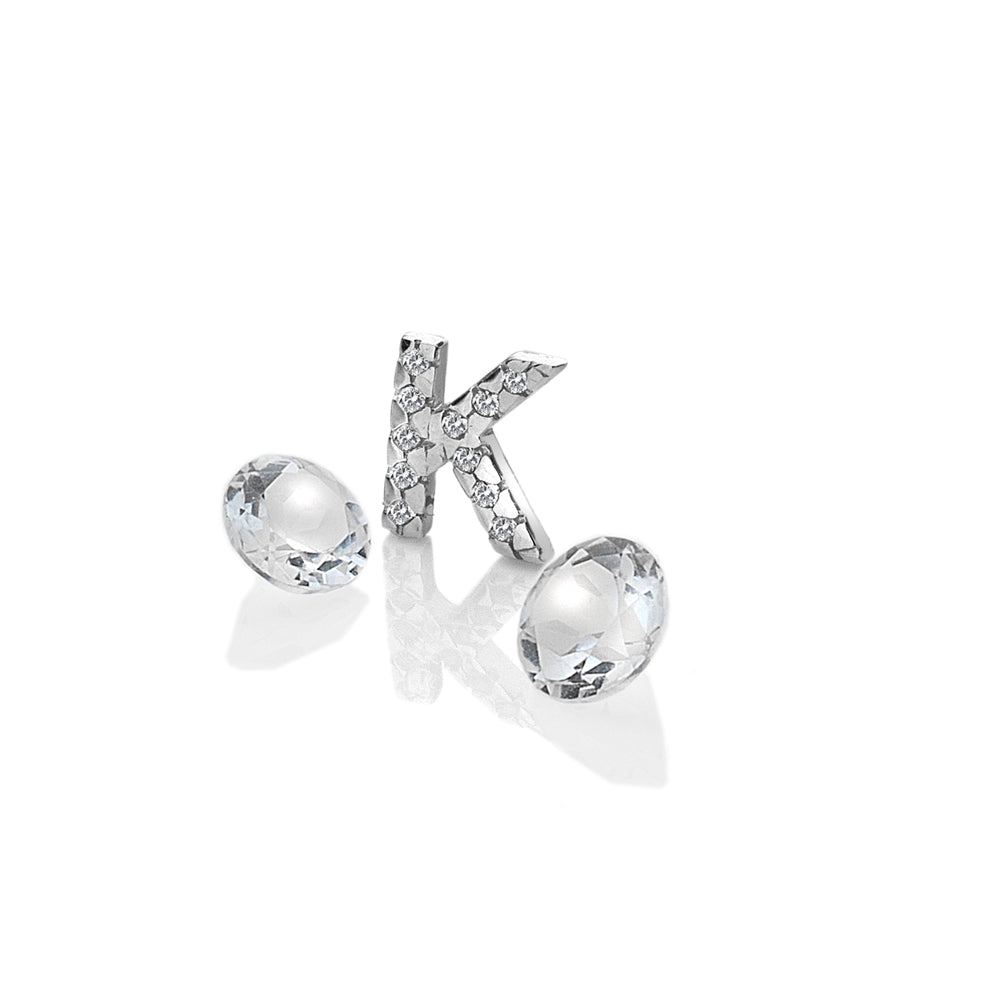 Sterling Silver Letter 'K' with White Topaz Cabochons