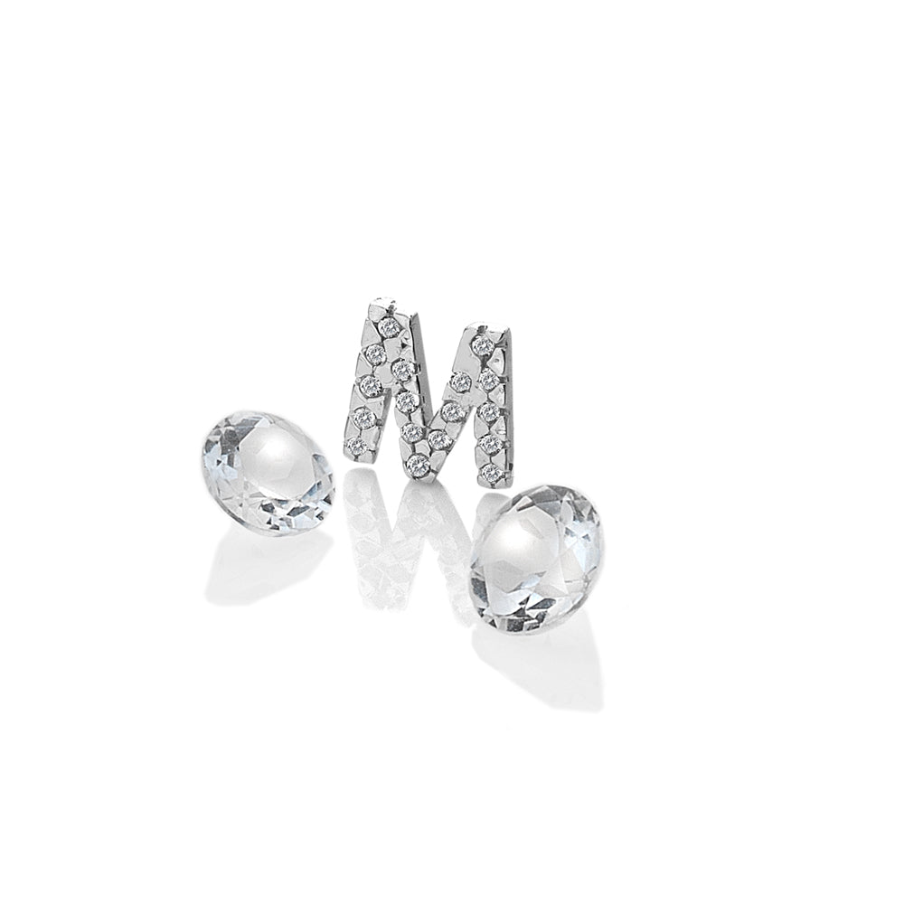 Sterling Silver Letter 'M' with White Topaz Cabochons