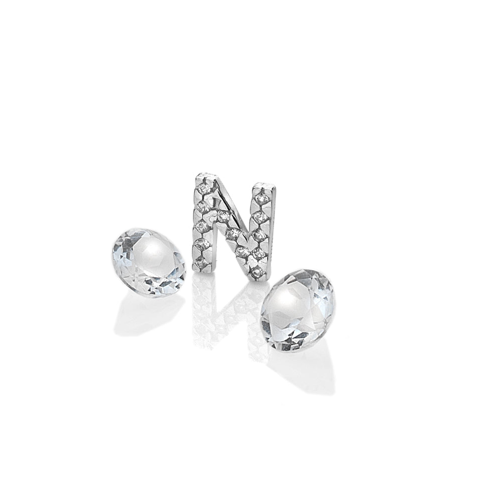 Sterling Silver Letter 'N' with White Topaz Cabochons