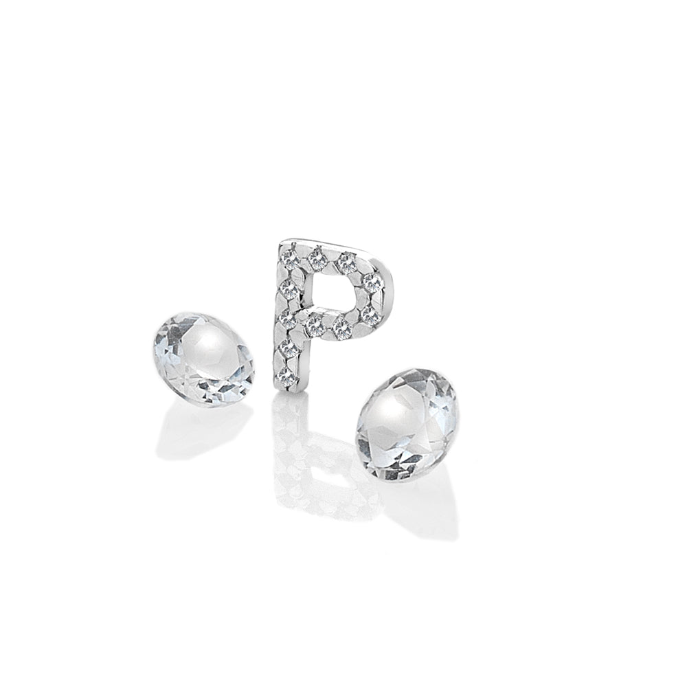 Sterling Silver Letter 'P' with White Topaz Cabochons