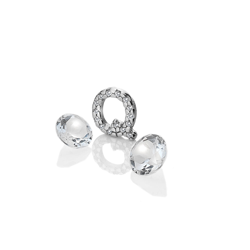 Sterling Silver Letter 'Q' with White Topaz Cabochons
