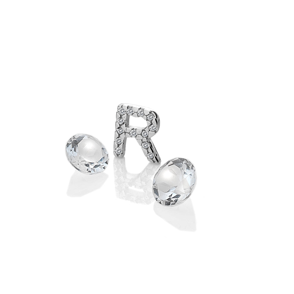 Sterling Silver Letter 'R' with White Topaz Cabochons