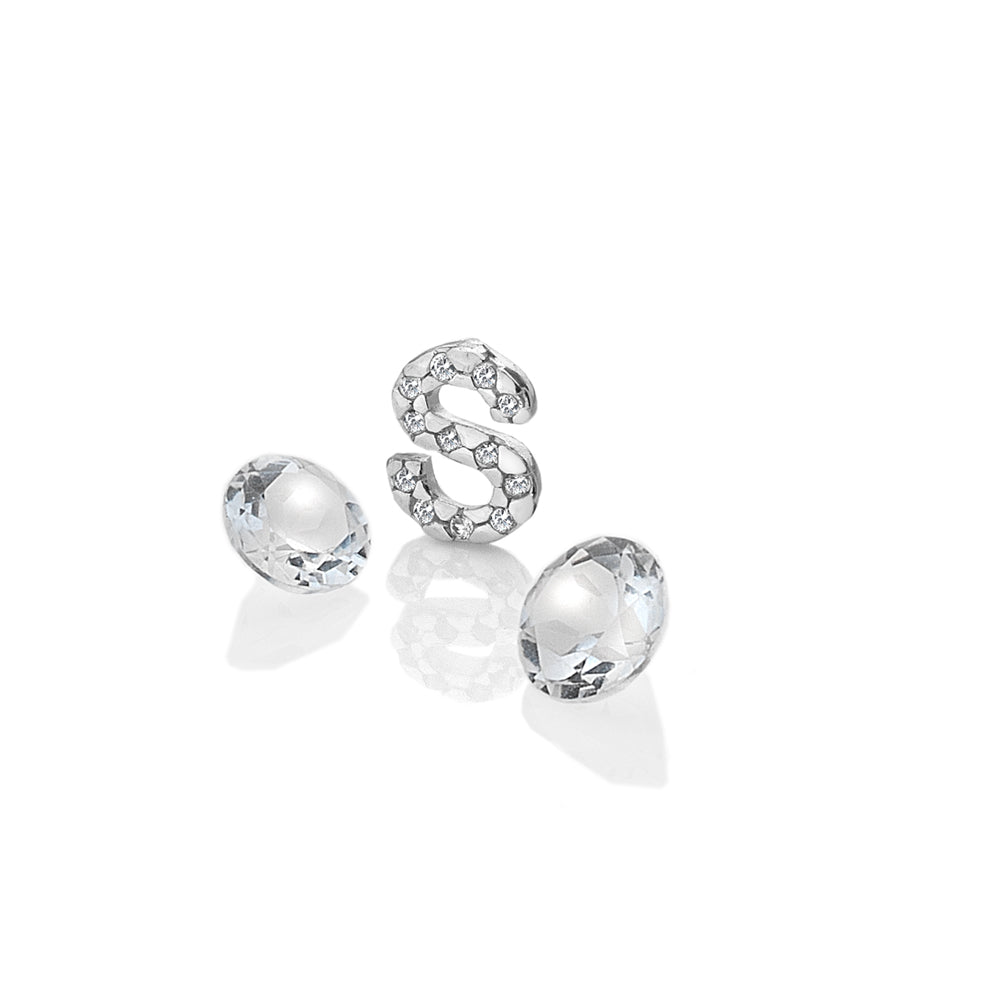 Sterling Silver Letter 'S' with White Topaz Cabochons