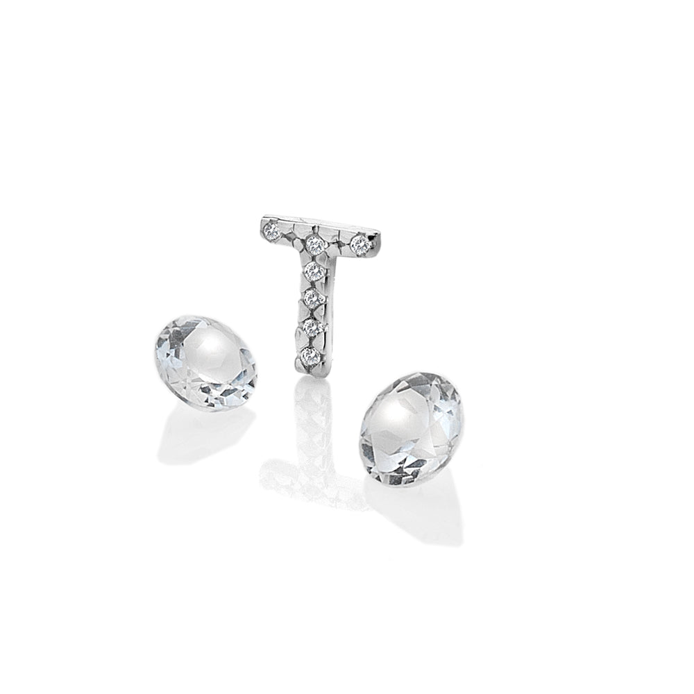 Sterling Silver Letter 'T' with White Topaz Cabochons