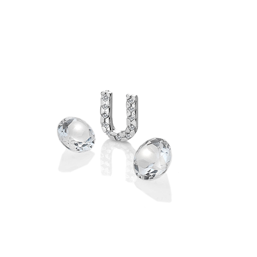 Sterling Silver Letter 'U' with White Topaz Cabochons