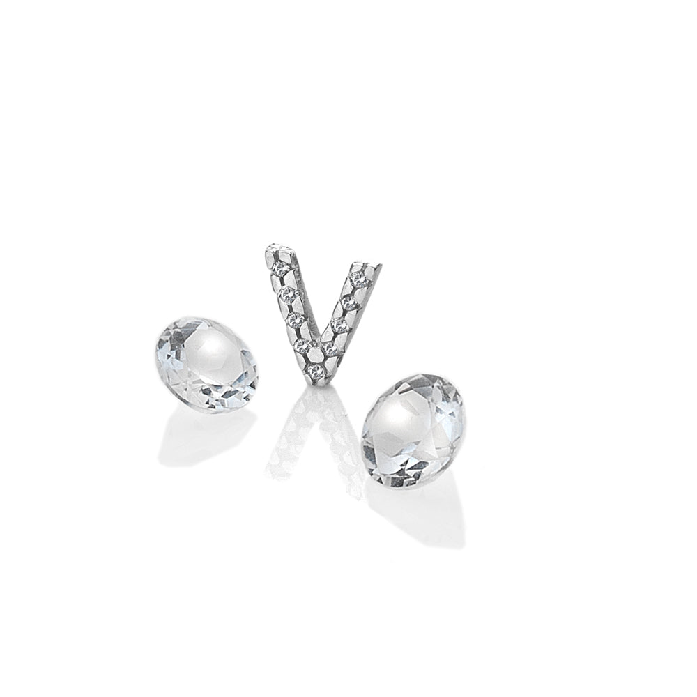 Sterling Silver Letter 'V' with White Topaz Cabochons