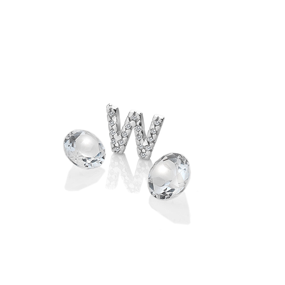 Sterling Silver Letter 'W' with White Topaz Cabochons